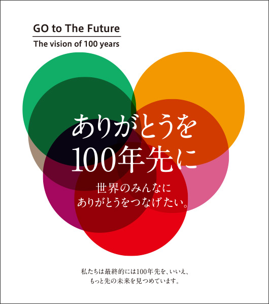 GO to The Future. The vision of 100 years.　ありがとうを100年先に　世界のみんなにありがとうをつなげたい。私たちは最終的には100年先を、いいえ、もっと先の未来を見つめています。